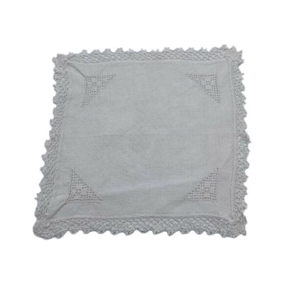 Vintage Hankie White Embroidered Handkerchief With Knit Crochet Border Scarf - Picture 1 of 3